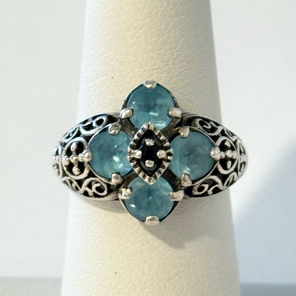 CNA Sterling Silver Ring Blue Topaz & Sapphire 925 Filigree Size 6.25 Floral